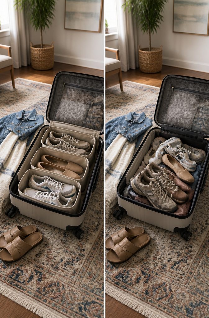 Travel Packing Hacks: A Research-Based Guide to Smarter Luggage 13 Three pairs of shoes arranged neatly on a surface.