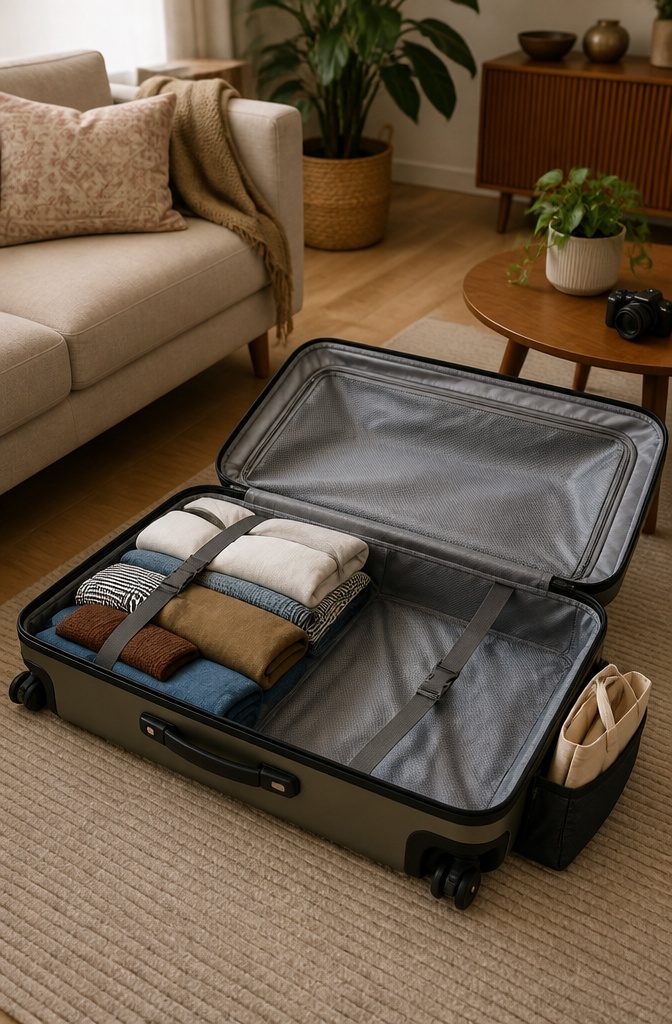 Travel Packing Hacks: A Research-Based Guide to Smarter Luggage 6 An open suitcase with space reserved for souvenirs and a shopping bag.