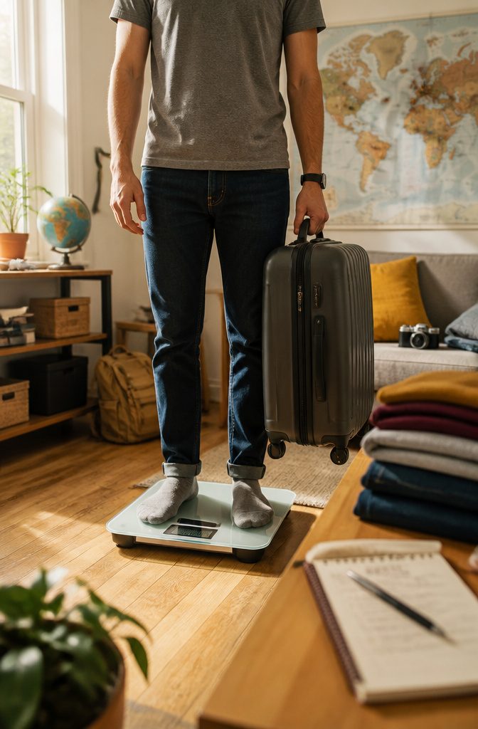 Travel Packing Hacks: A Research-Based Guide to Smarter Luggage 8 A digital luggage scale hooked under a suitcase handle.