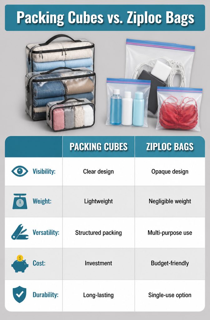 Travel Packing Hacks: A Research-Based Guide to Smarter Luggage 15 Comparison of packing cubes and Ziploc bags for travel organization.
