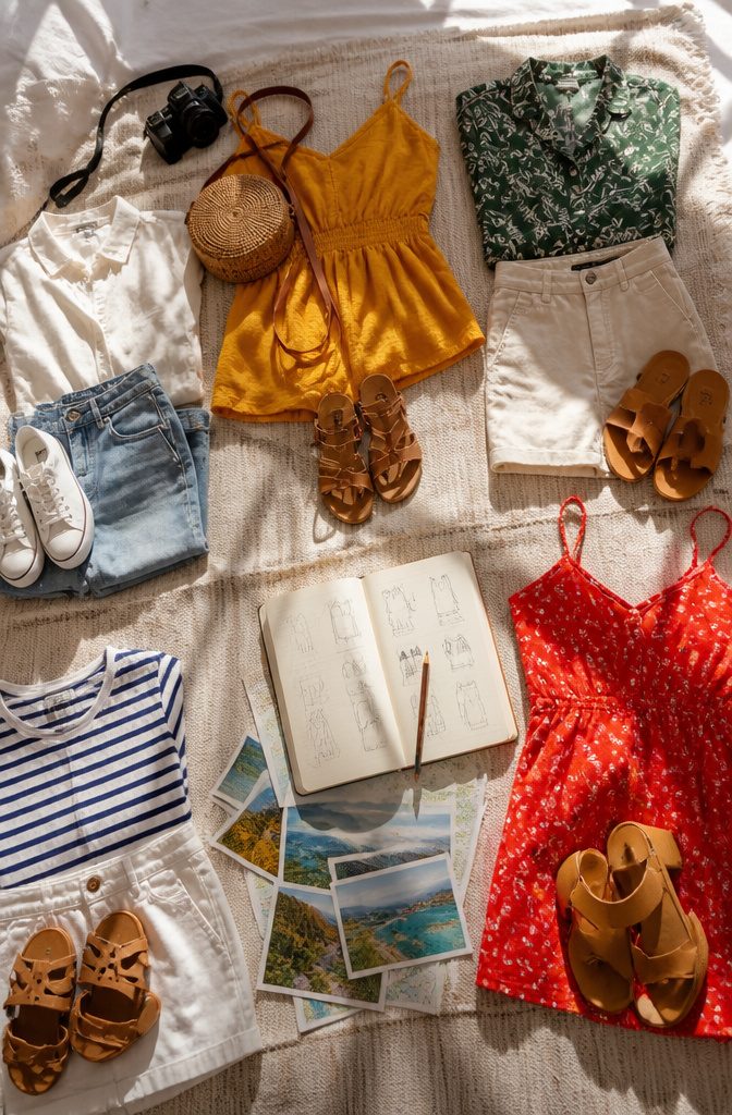 Travel Packing Hacks: A Research-Based Guide to Smarter Luggage 5 A neatly arranged outfit laid out on a bed before packing.