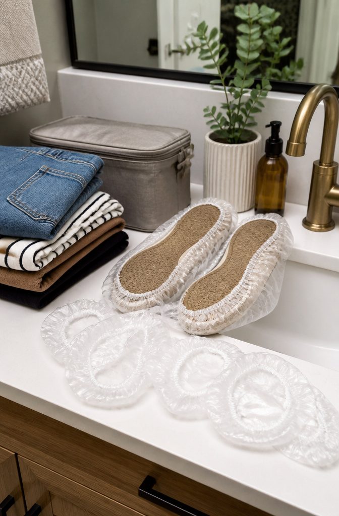 Travel Packing Hacks: A Research-Based Guide to Smarter Luggage 4 Shower caps used to wrap shoes, displayed on a bathroom sink.