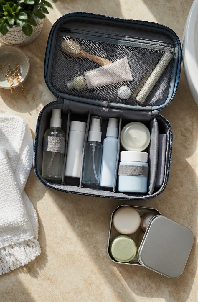 Travel Packing Hacks: A Research-Based Guide to Smarter Luggage 14 Travel-size toiletry bottles displayed on a bathroom counter.