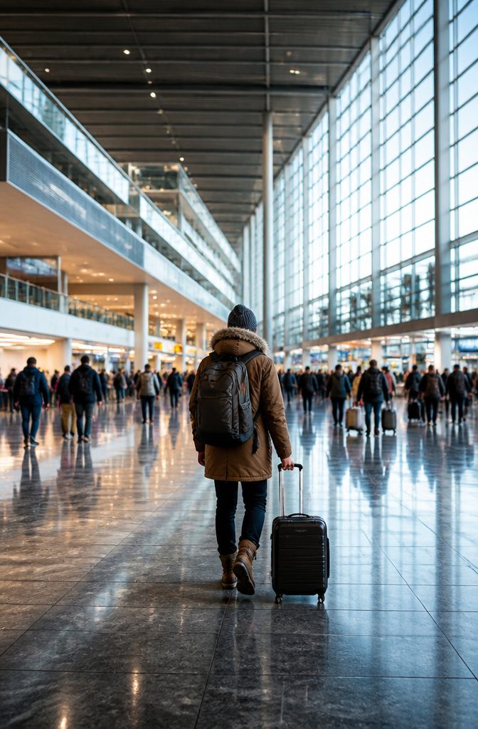 Travel Packing Hacks: A Research-Based Guide to Smarter Luggage 3 A traveler wearing a winter jacket and boots at the airport.