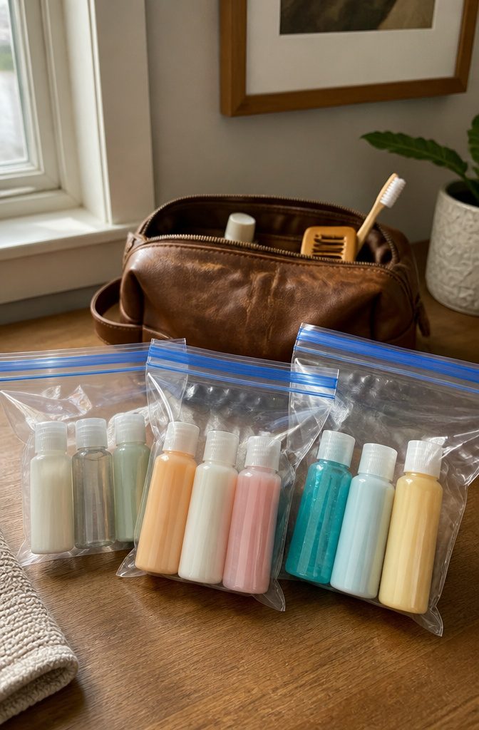 Travel Packing Hacks: A Research-Based Guide to Smarter Luggage 7 Quart-sized Ziploc bags filled with labeled travel liquids on a table.