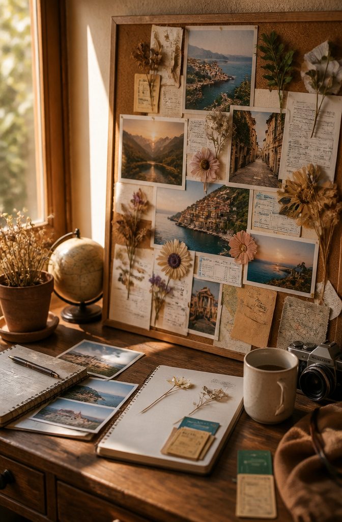 A travel vision board with ticket stubs and pressed flowers on a desk.