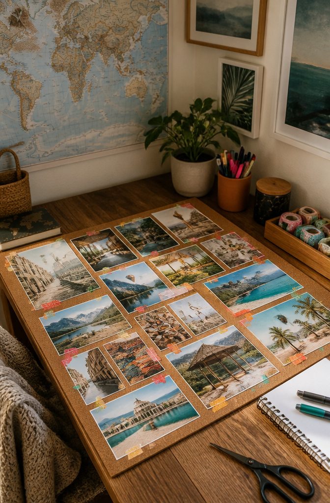 A neatly arranged travel vision board with images and washi tape.
