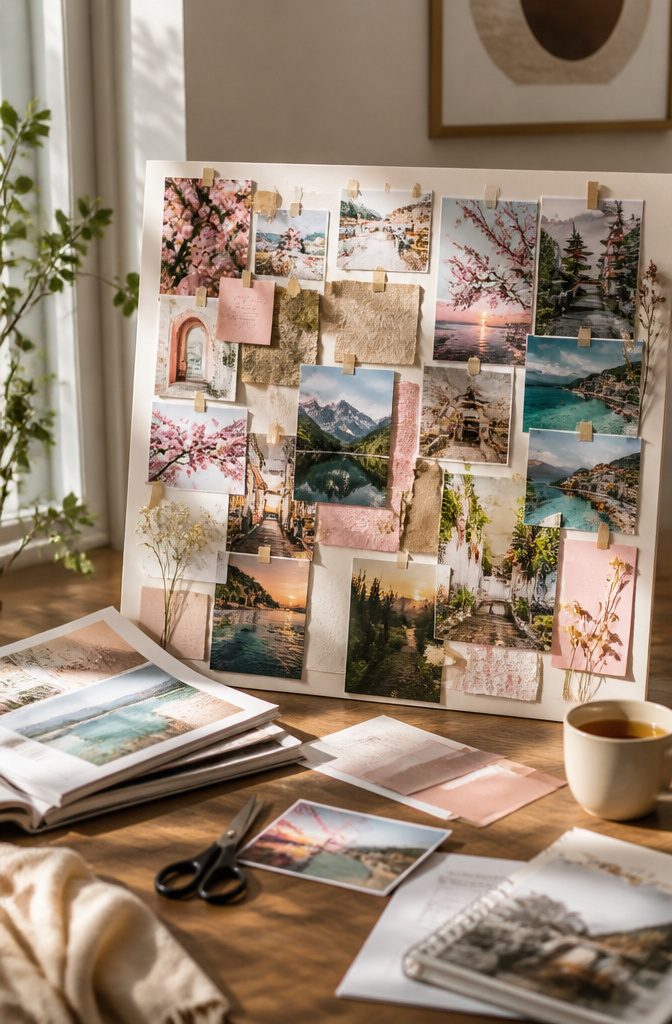 A travel vision board with images of cherry blossoms and quotes.