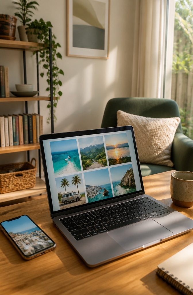 A digital travel vision board displayed on a laptop screen.
