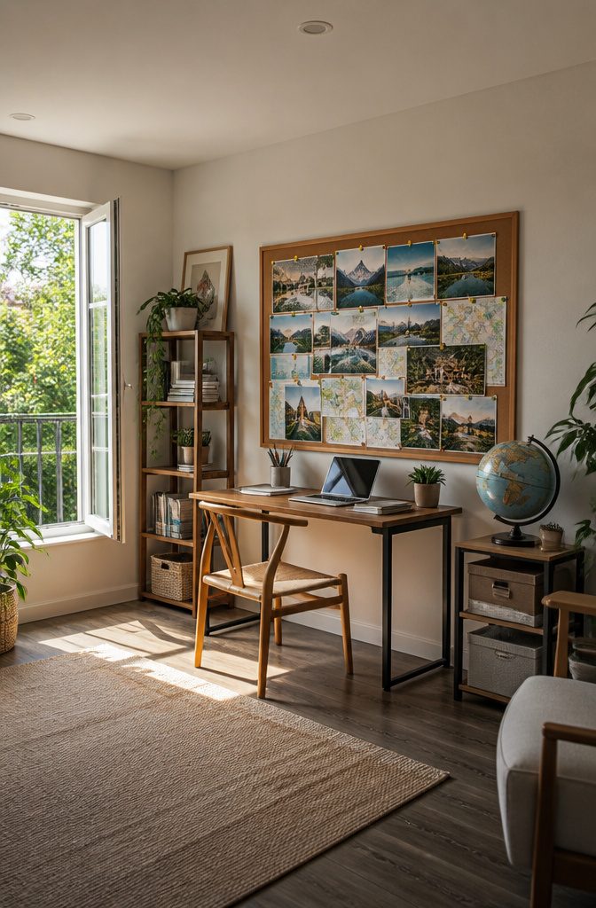A travel vision board above a desk, positioned for easy visibility.