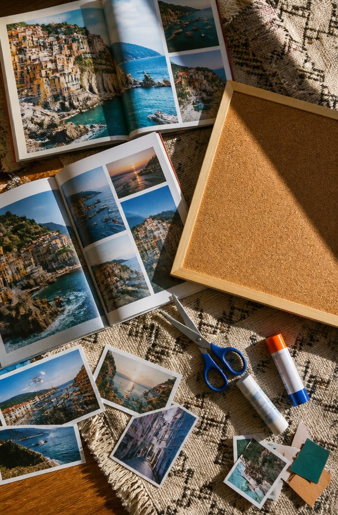 A stack of travel magazines and crafting materials on a coffee table.