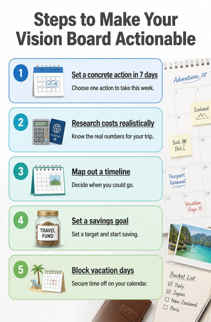 A list of actionable steps next to a travel vision board.