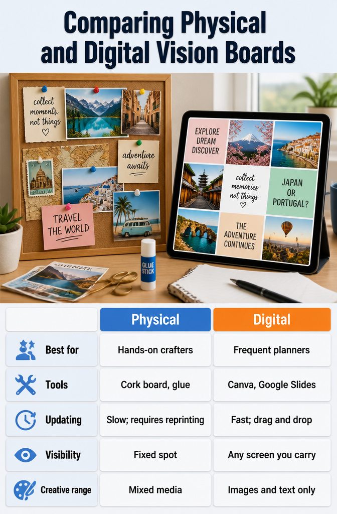 A chart comparing physical and digital vision boards for travel.
