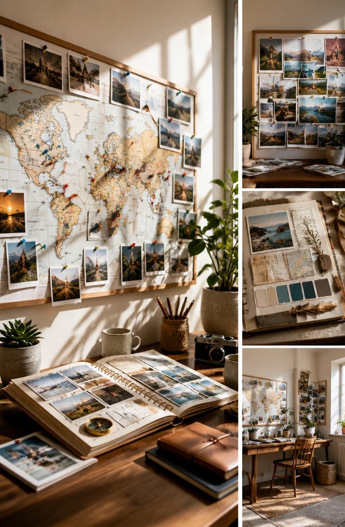A push pin map with photos and pins indicating travel destinations.