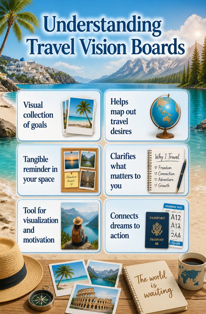 An overview of a travel vision board illustrating travel goals.