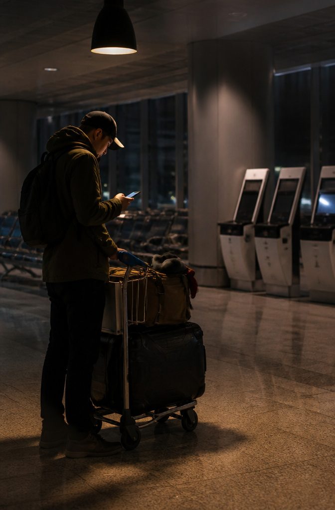 Traveler looking at a phone beside a luggage cart in a dim airport.