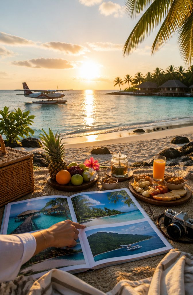 Island picnic setup with food and travel brochures near a bay.