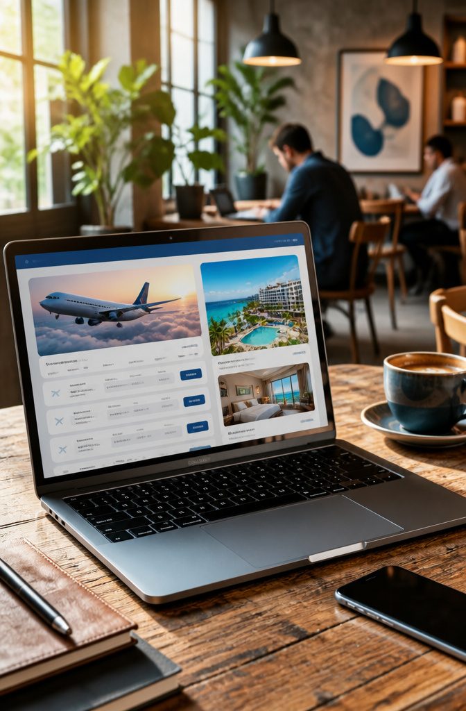 Close-up of a laptop displaying a travel booking page in a coffee shop.