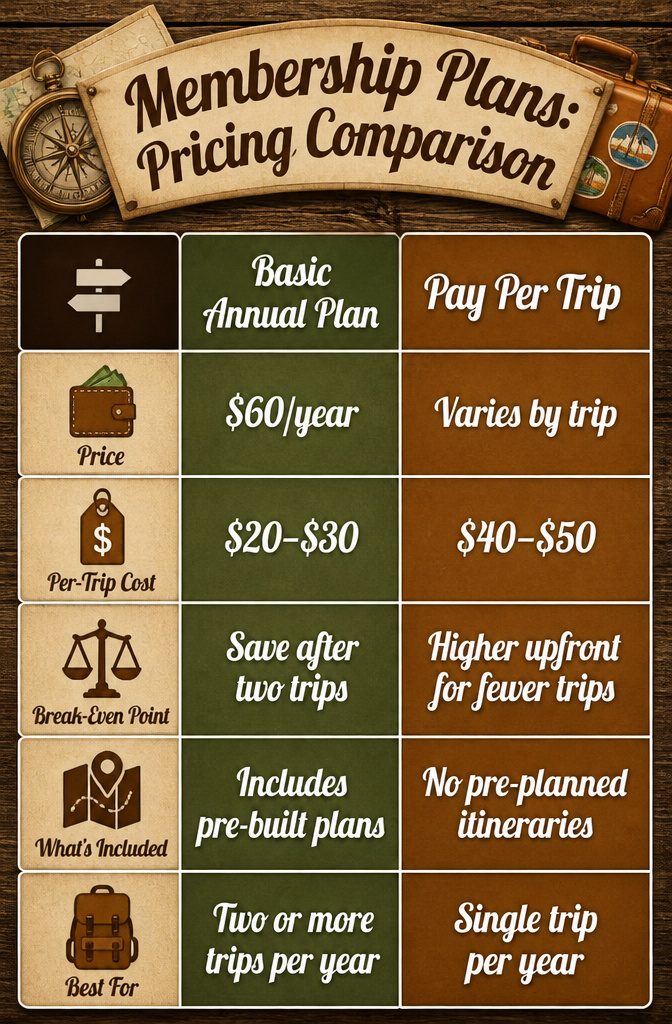 Chart comparing membership plans and pricing for travel itineraries.