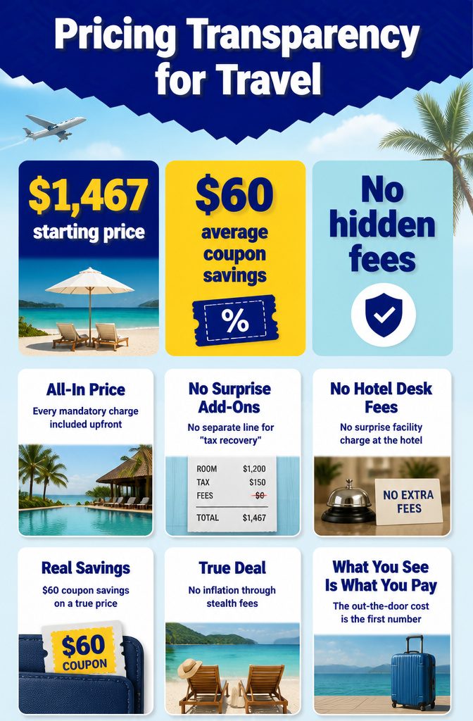Infographic titled 'Pricing Transparency for Travel' with travel cost details.