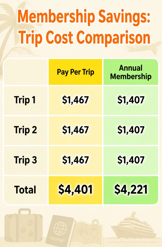 Chart comparing costs of three trips with and without membership.