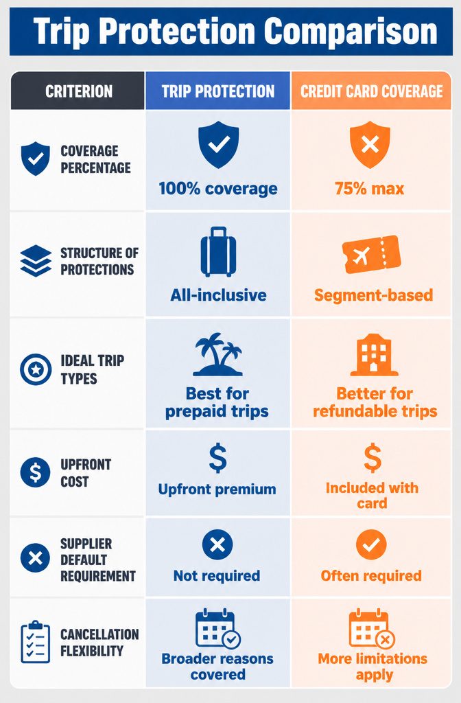 Infographic titled 'Trip Protection Comparison' detailing coverage benefits.