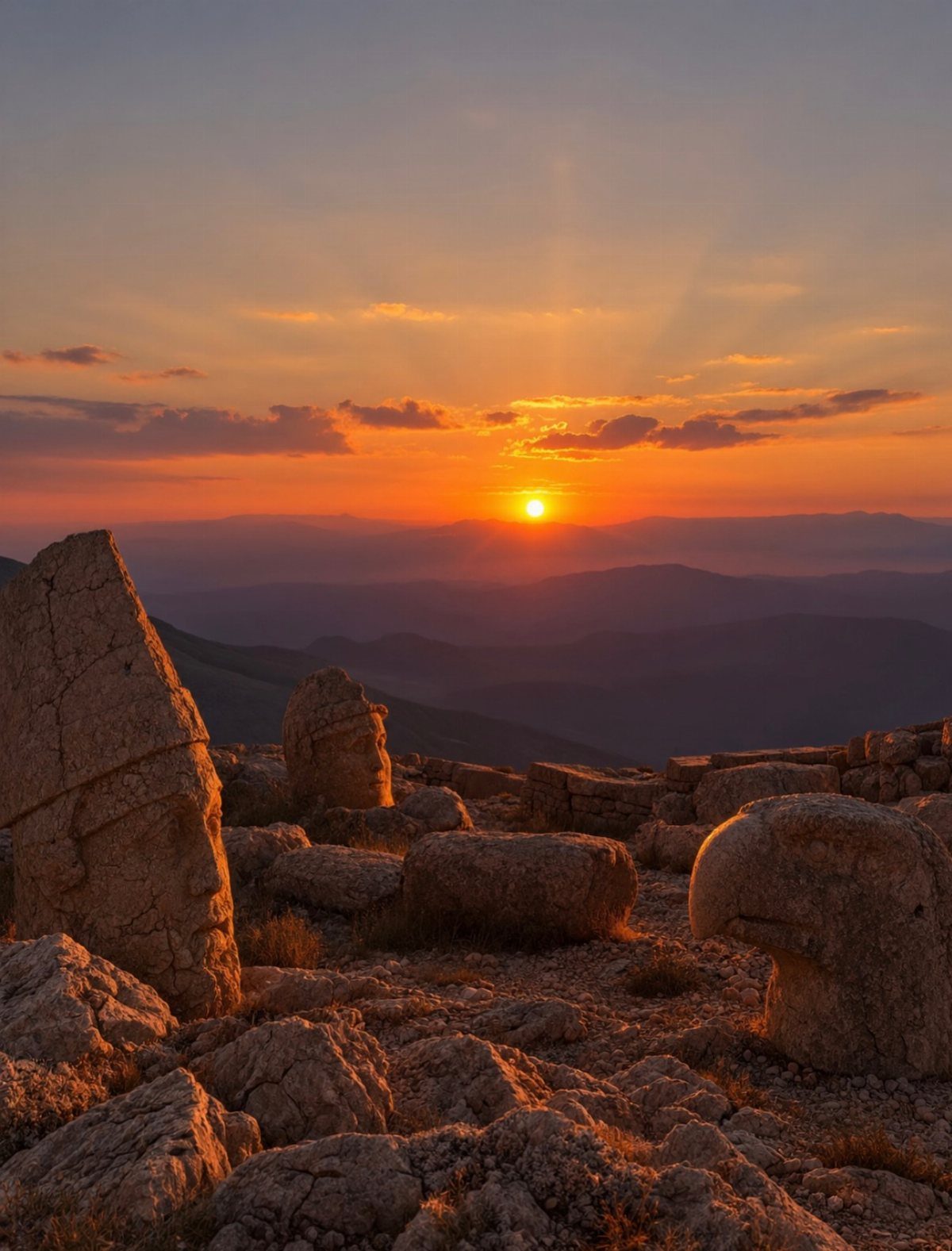 Colossal stone statues on a rocky mountain peak during a golden sunset.