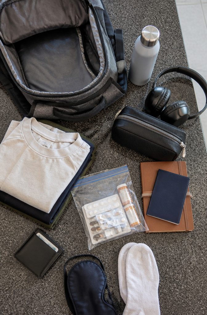 What to Bring for Travel: 8 Essential Categories, 70+ Item Ideas 12 Essential items like medications and documents organized in a carry-on bag.