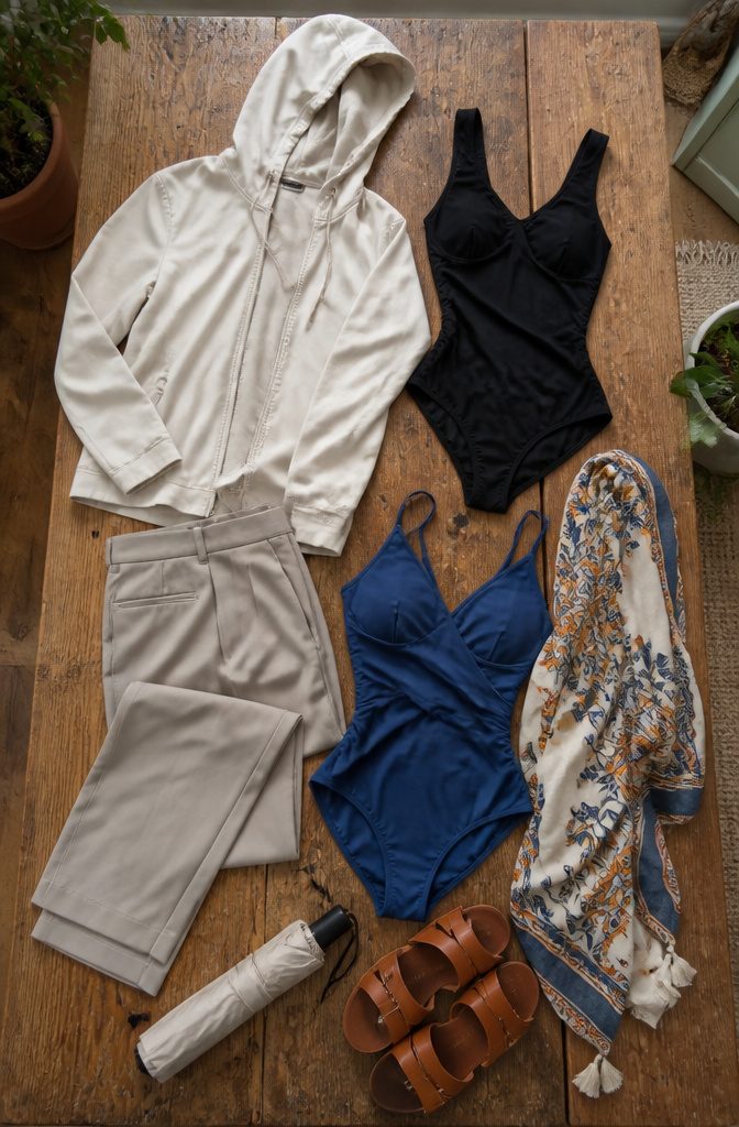 What to Bring for Travel: 8 Essential Categories, 70+ Item Ideas 1 Clothing items including a hoodie, trousers, and swimsuits packed together.