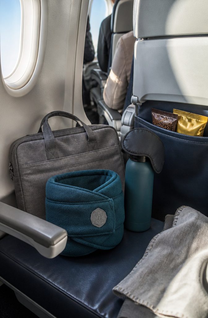 What to Bring for Travel: 8 Essential Categories, 70+ Item Ideas 6 Travel comfort items including a neck pillow, eye mask, and snacks on a seat.