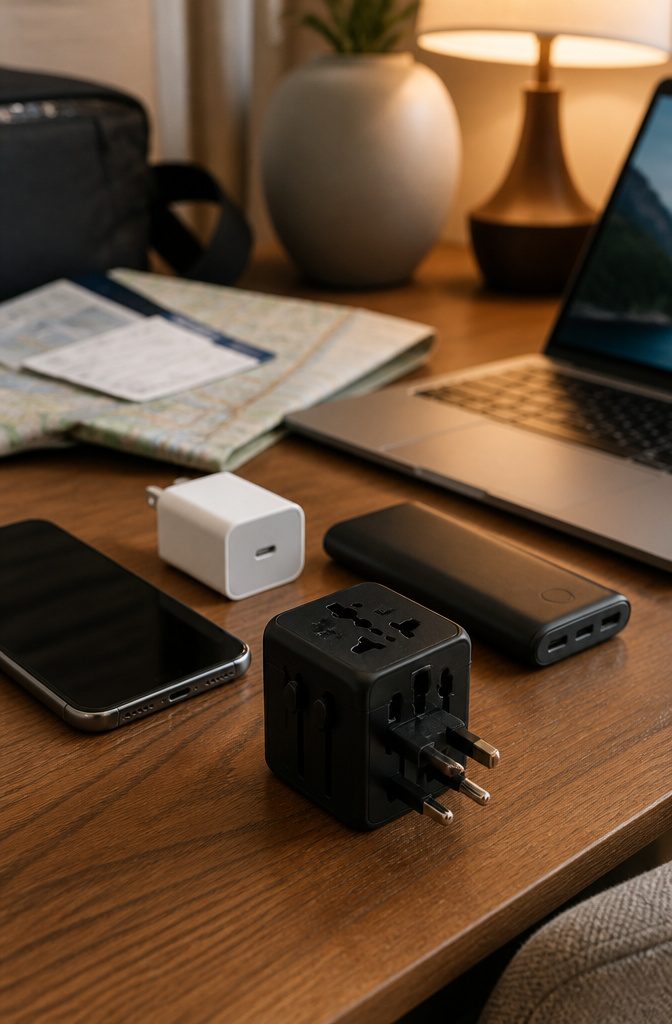 What to Bring for Travel: 8 Essential Categories, 70+ Item Ideas 3 Smartphone, charger, power bank, and plug adapters laid out on a surface.