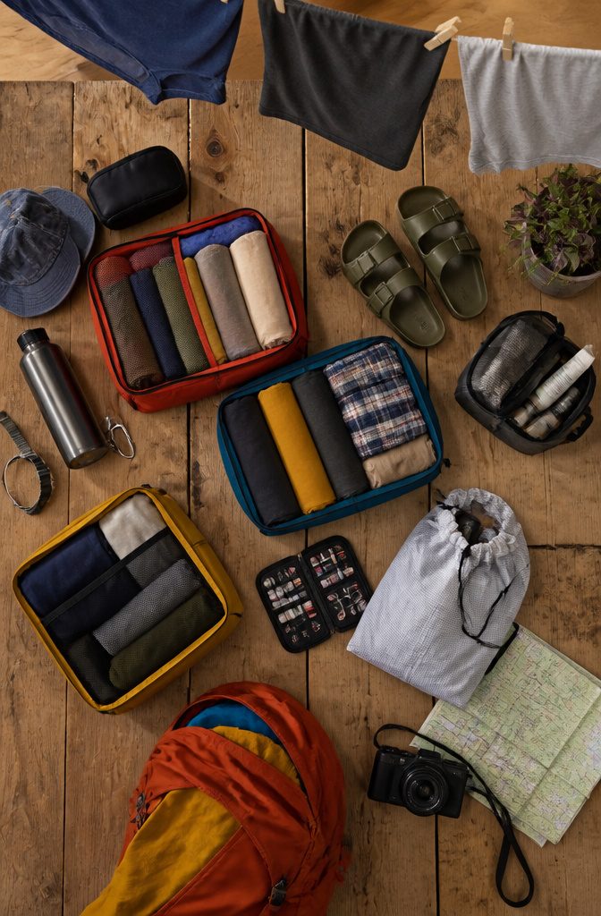 What to Bring for Travel: 8 Essential Categories, 70+ Item Ideas 8 Packing cubes and a small laundry bag displayed on a flat surface.