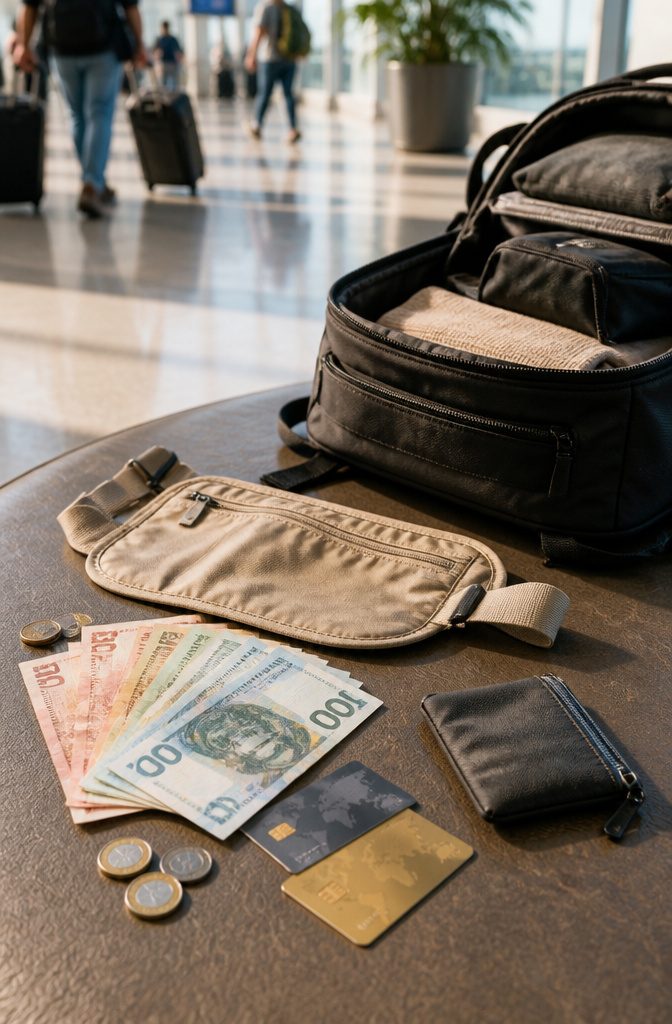 What to Bring for Travel: 8 Essential Categories, 70+ Item Ideas 5 Currency notes and credit cards displayed with a money belt beside them.
