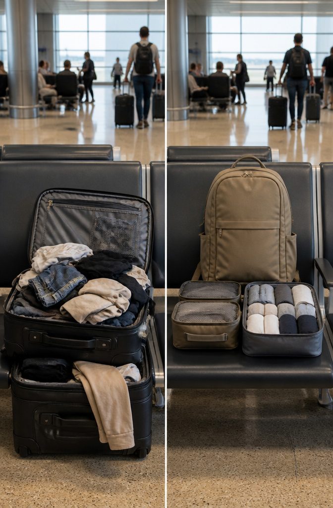 What to Bring for Travel: 8 Essential Categories, 70+ Item Ideas 9 A selection of shoes and packing cubes arranged for efficient packing.