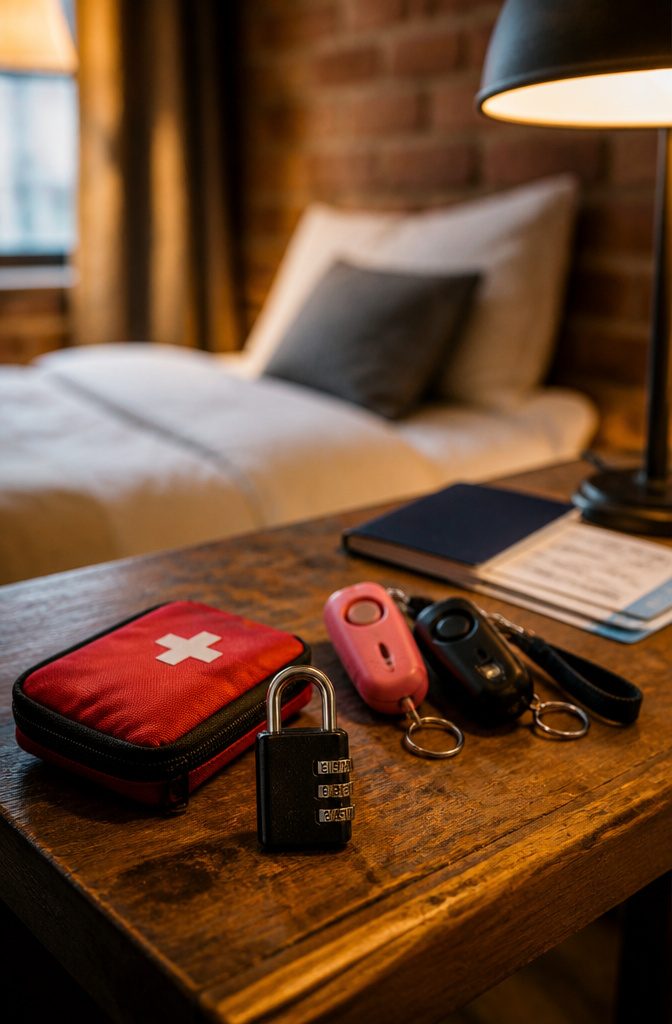 What to Bring for Travel: 8 Essential Categories, 70+ Item Ideas 7 A padlock, emergency contact card, and personal safety devices arranged together.