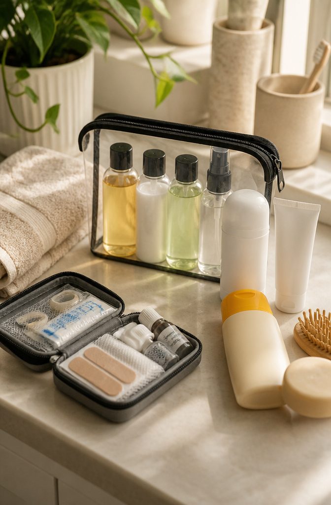 What to Bring for Travel: 8 Essential Categories, 70+ Item Ideas 2 Travel-sized toiletries like shampoo, conditioner, and sunscreen arranged neatly.
