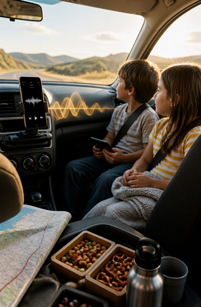 A phone mounted in a car showing an audiobook app interface.