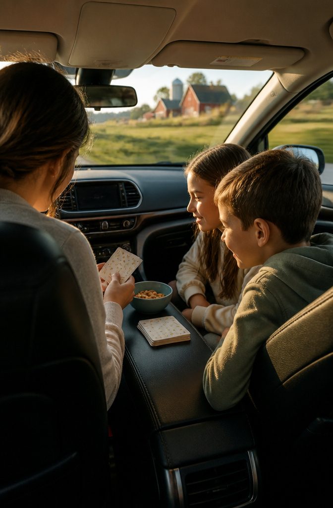Question cards on a center console inviting family discussions.