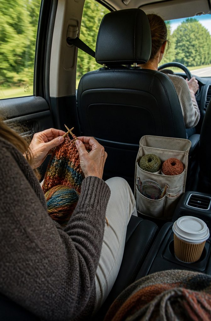 A vibrant yarn ball and knitting supplies organized in a car.