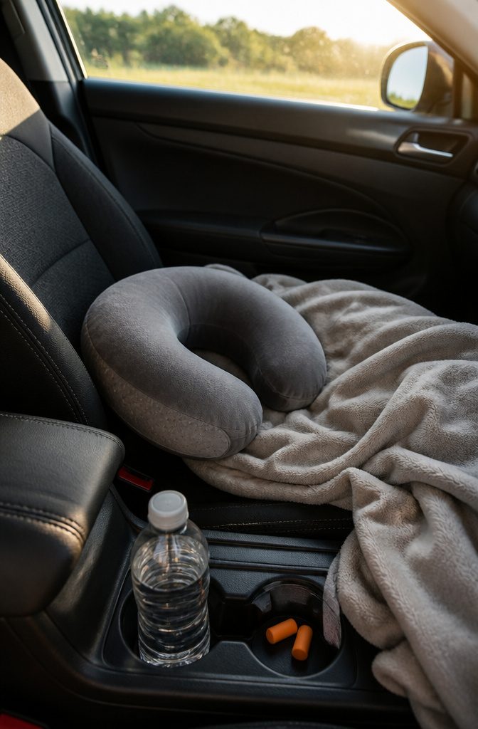A memory foam neck pillow and blanket on a passenger seat.