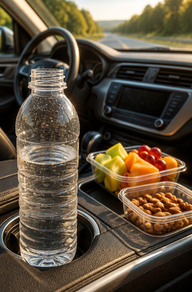 A water bottle in a car encouraging regular hydration.