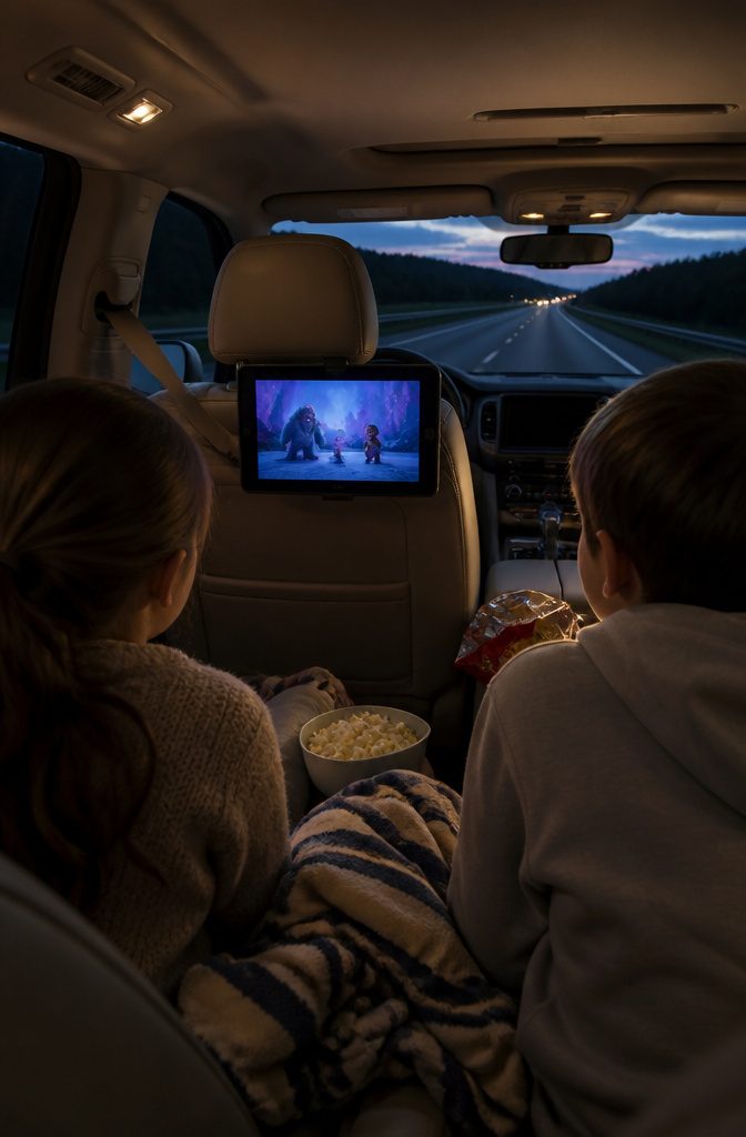 An animated movie displayed on a tablet mounted in a family SUV.