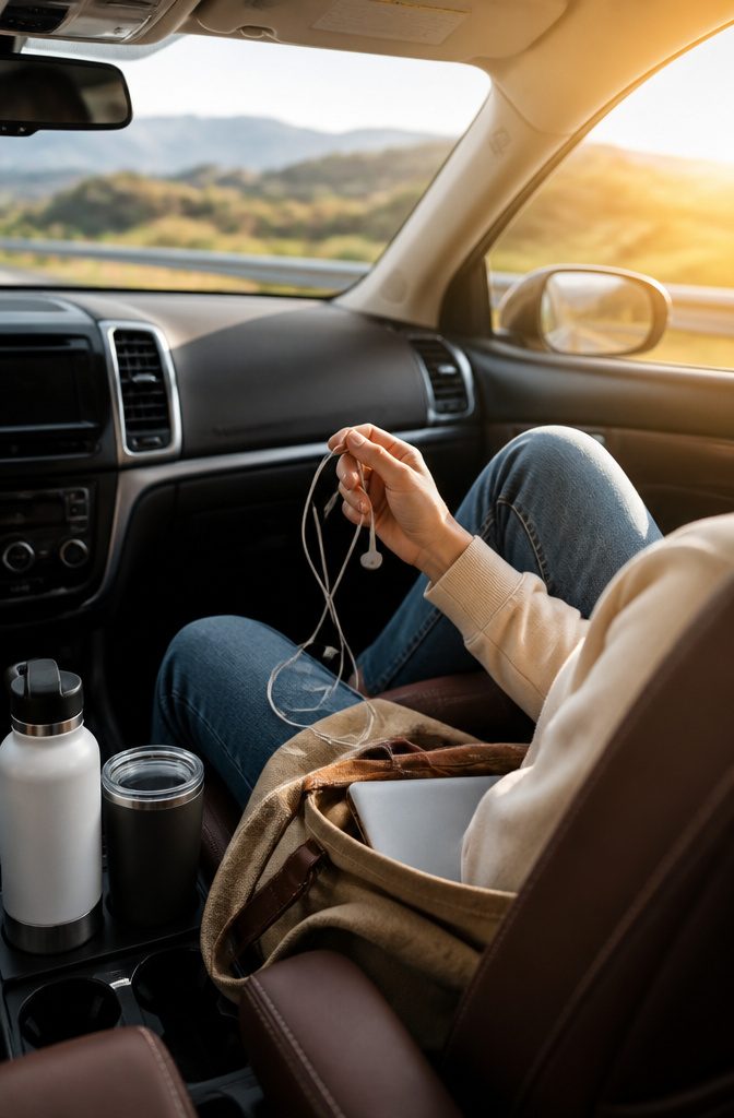 Earbuds hanging from a passenger's hand in a cozy car interior.
