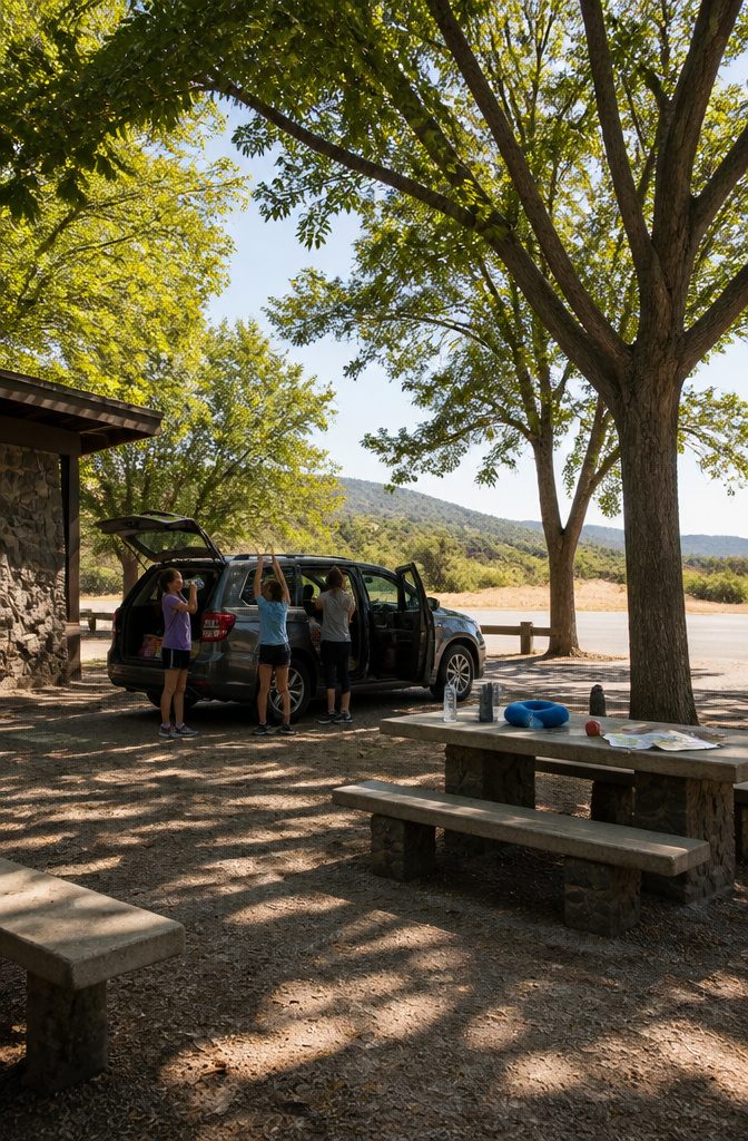 A car parked at a rest stop with passengers stretching outside.