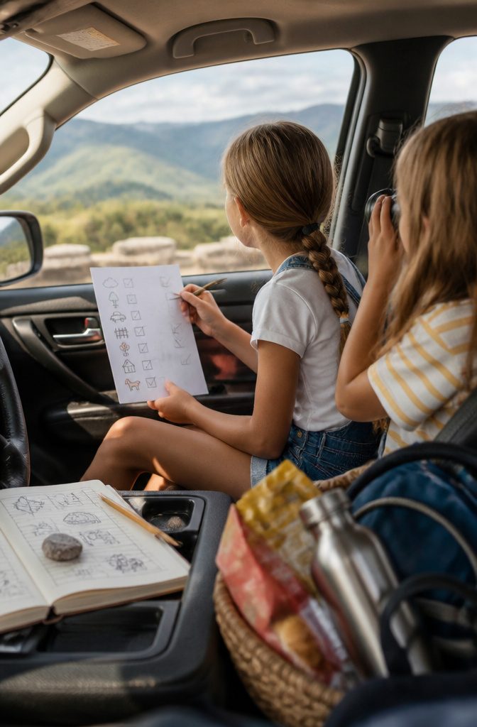 Kids holding a scavenger hunt list in a parked vehicle.