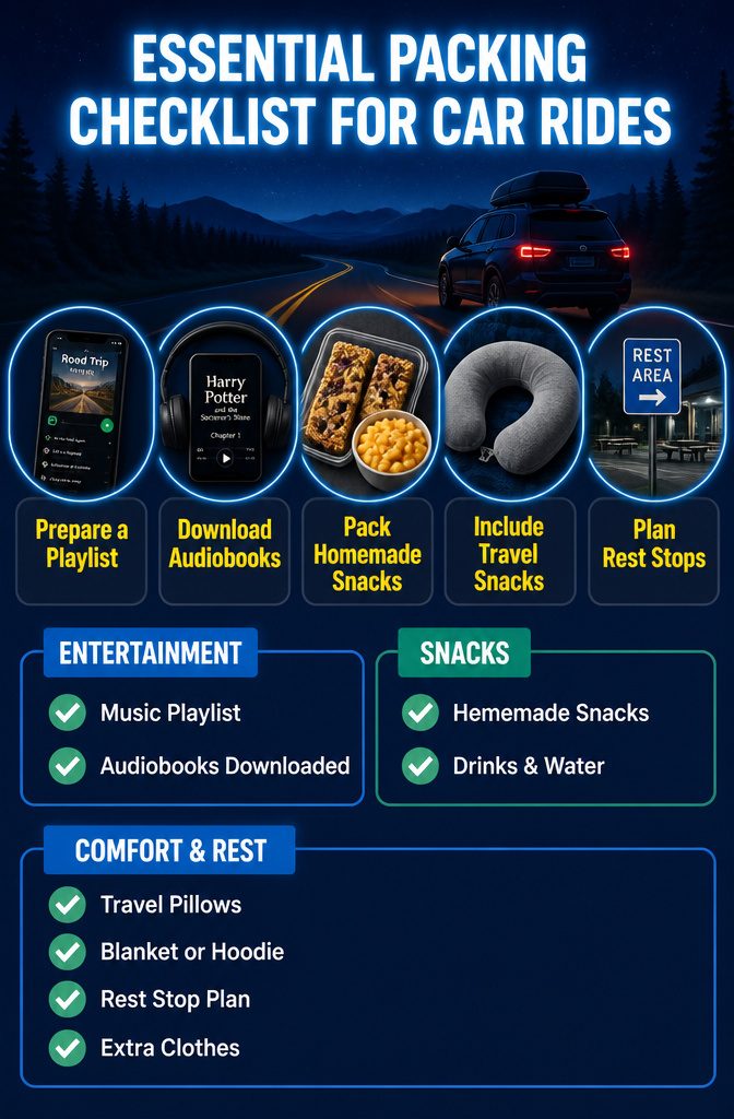 An essential packing checklist for car rides displayed on a dashboard.