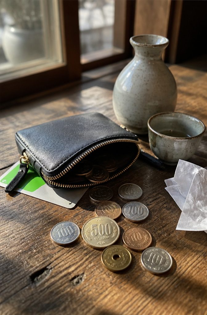 What to Pack for a Trip to Japan: 10 Smart Essentials 3 A small coin purse with various Japanese yen coins displayed on a table.