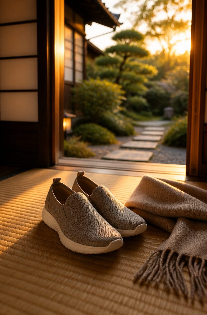 What to Pack for a Trip to Japan: 10 Smart Essentials 4 A pair of slip-on shoes resting on a wooden floor, ready for use.
