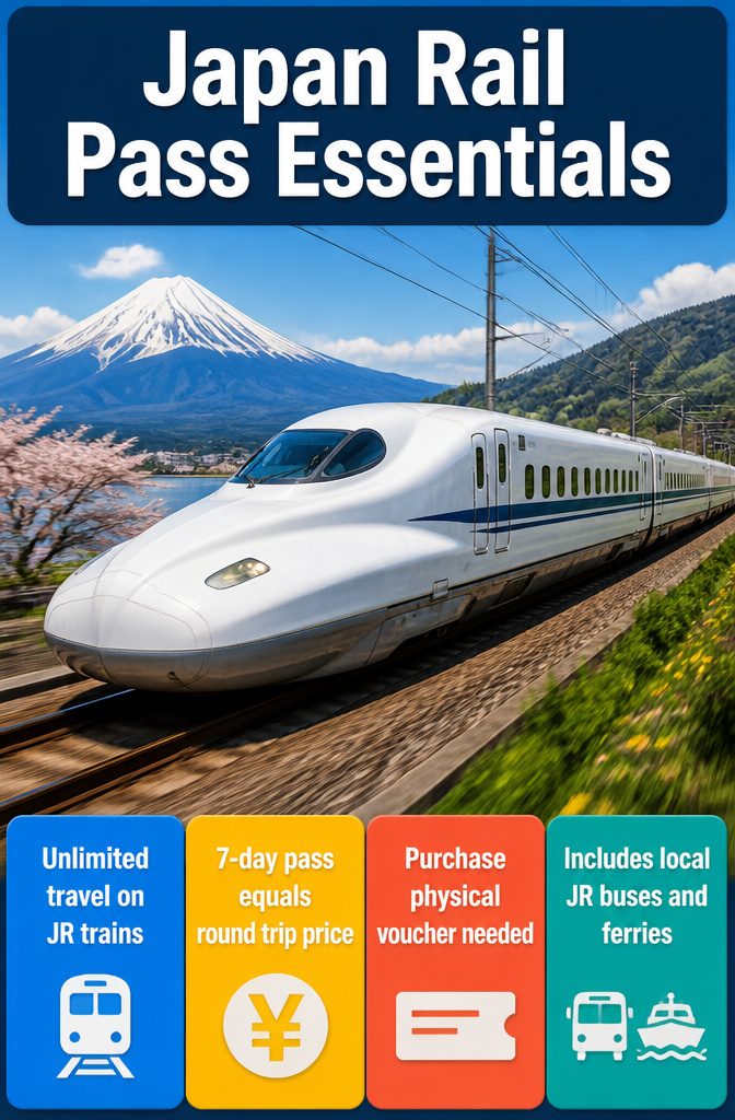 What to Pack for a Trip to Japan: 10 Smart Essentials 2 A graphic detailing the Japan Rail Pass essentials for travelers.