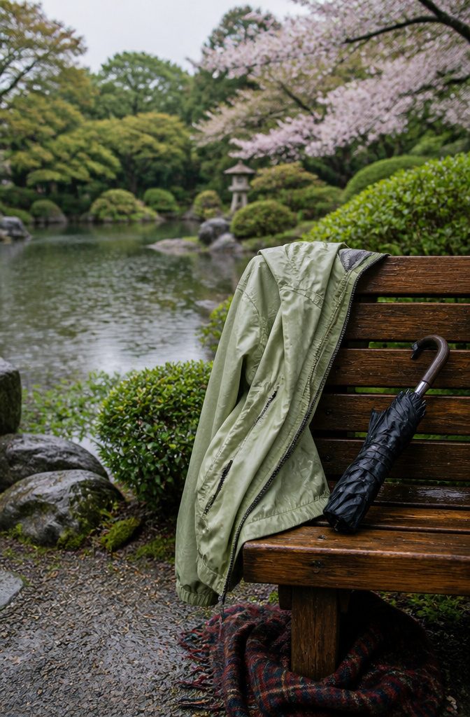 What to Pack for a Trip to Japan: 10 Smart Essentials 5 A lightweight rain jacket and a folded umbrella on a bench in a park.